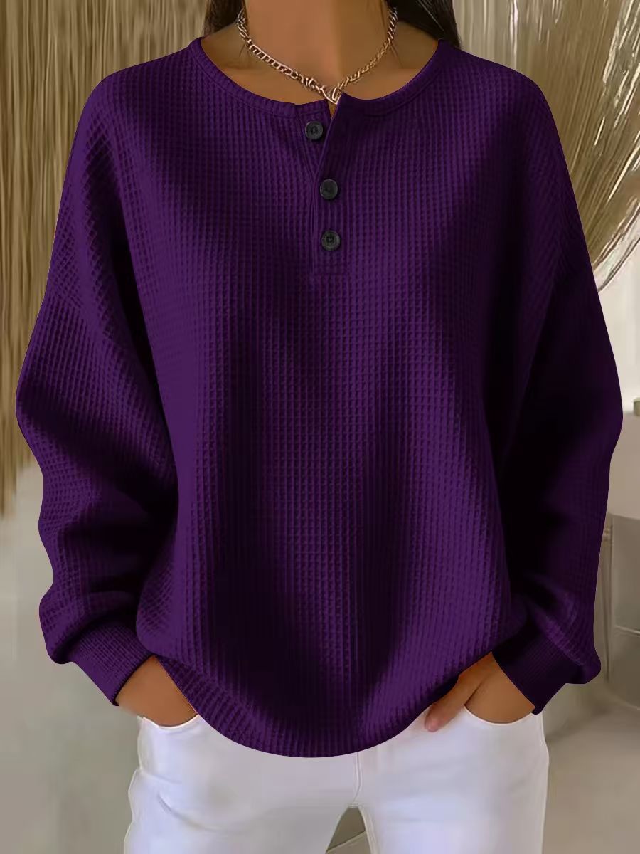 Ins Waffle Langærmet T-shirt Mode Ensfarvet Knapper Rund Hals Pullover Top Damebeklædning