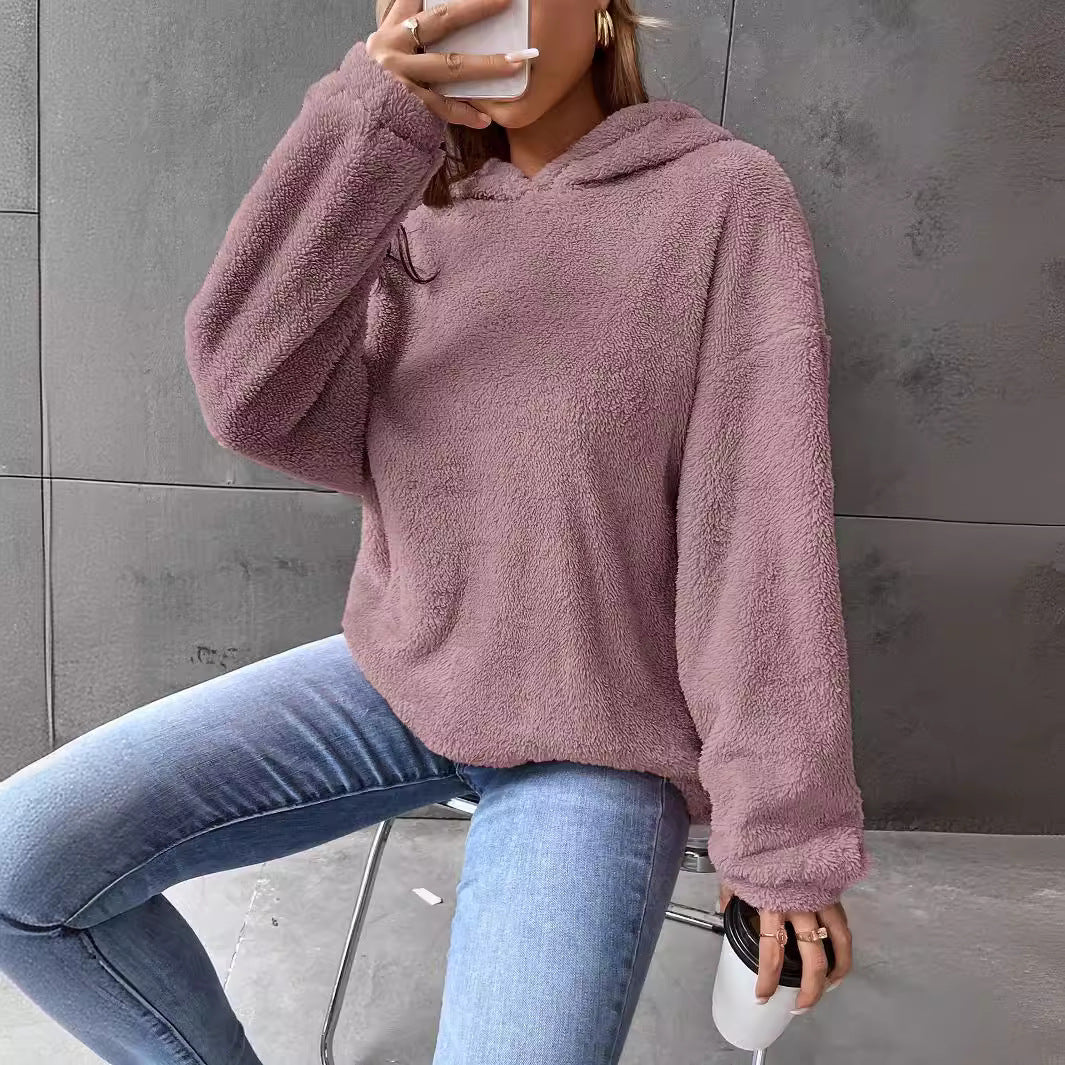 Enkel og moderne hættetrøje til kvinder i dobbeltlags fløjl, løstsiddende, langærmet sweatshirt