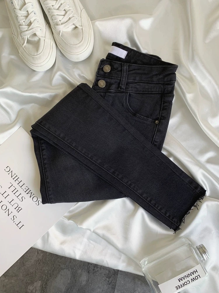 High-waisted Two-button Fur-trimmed Jeans Are Tight And Slim