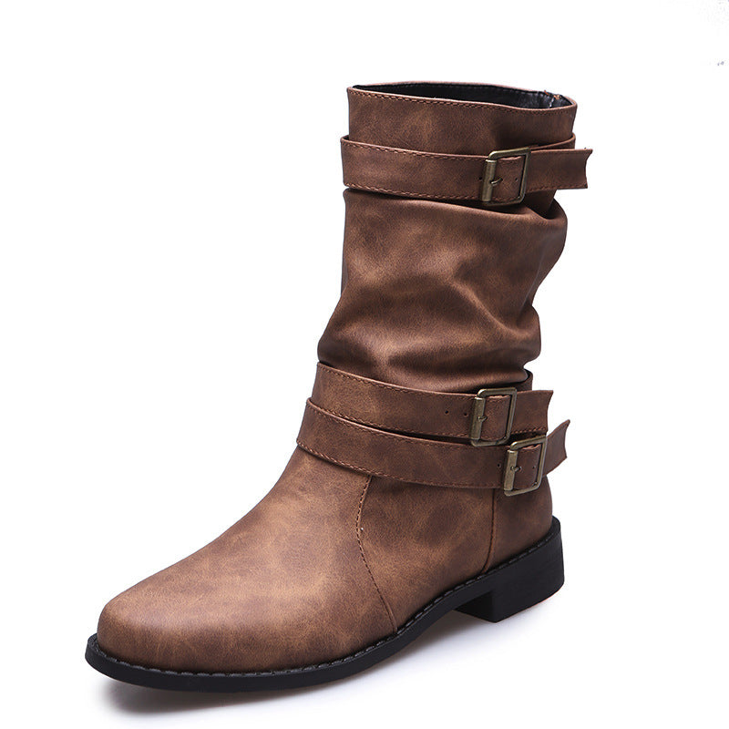 Women's European And American Vintage Martin Belt Buckle Oversize Boots