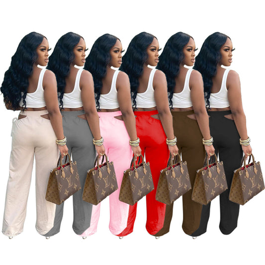 Solid Color Hollow Waist Wide-leg Flared Pants