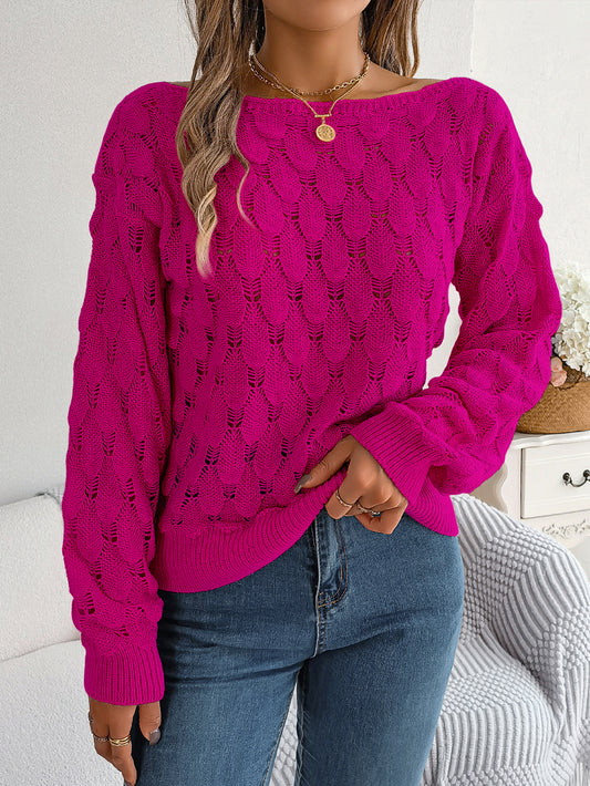 Women Casual Feather Hollow Out Off-Shoulder Lantern Sleeve Sweater