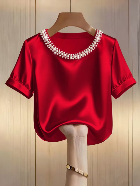Sleek Stylish And Elegant Beaded Crew-neck Short-sleeve T-shirt