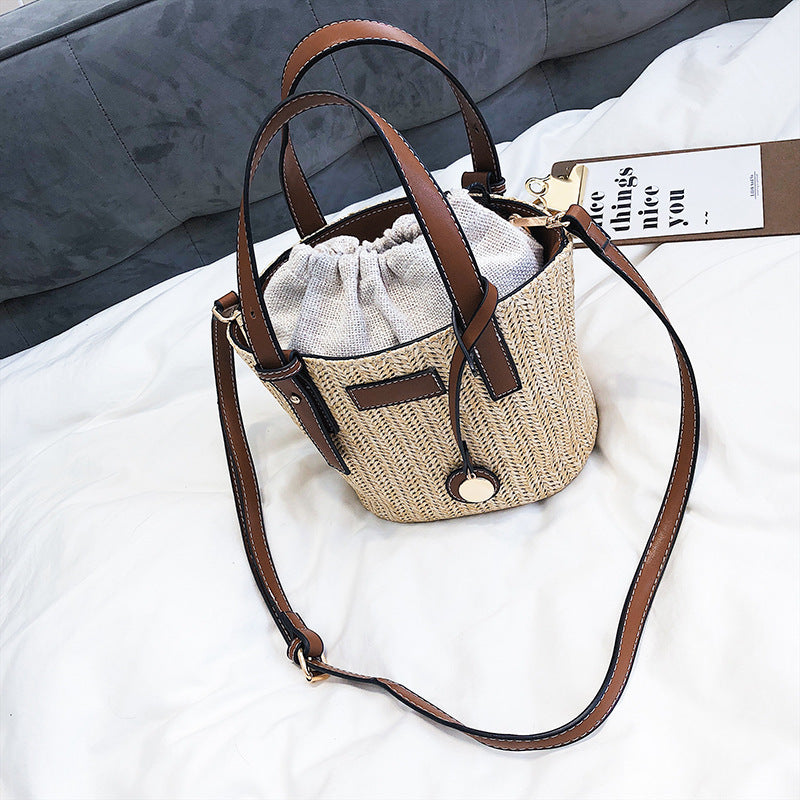 Bucket Bag Fashion Shoulder Bag Trend Contrast Color Bag Summer Western Style Grass Woven Handbag