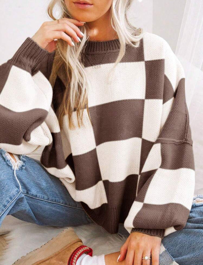 Contrast Color Checkerboard Loose And Lazy Style Stitching Sweater