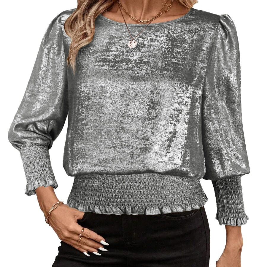 Round-neck Gold-stamped Elasticized Mid-sleeve Pullover Shirt