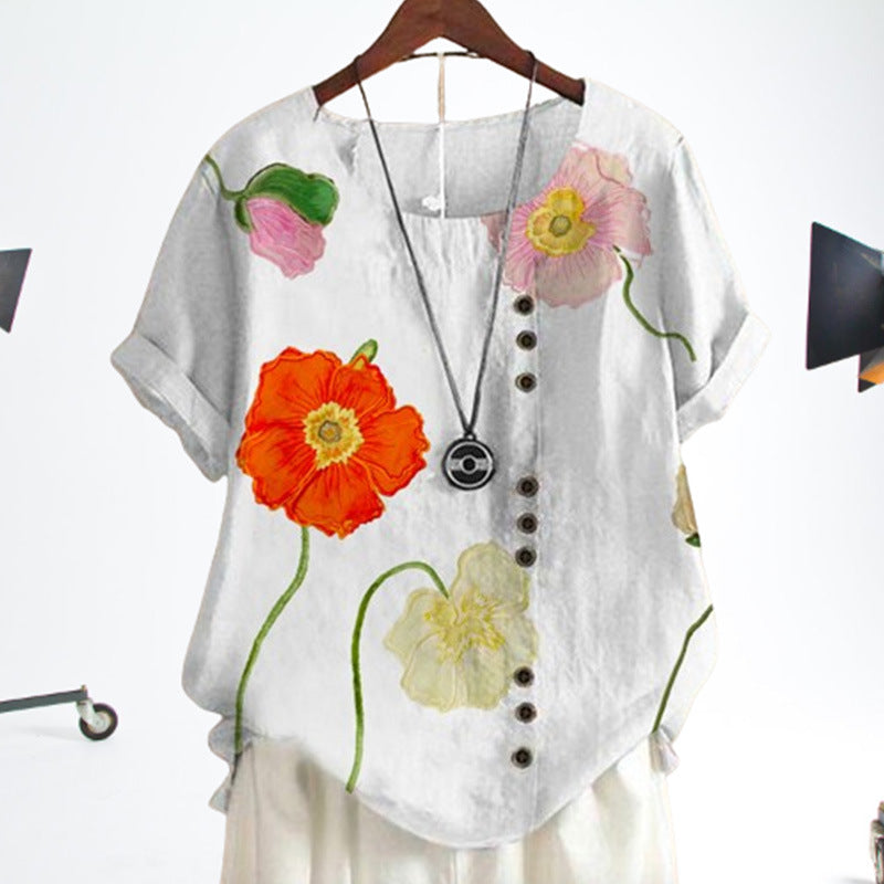 Summer New Printed Floral Button Short Sleeve
