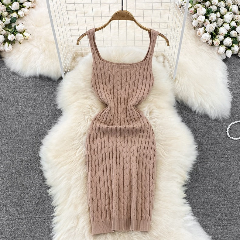 Versatile Cable-Knit Slip-Neck Sweater Body-Con Dress That Slims The