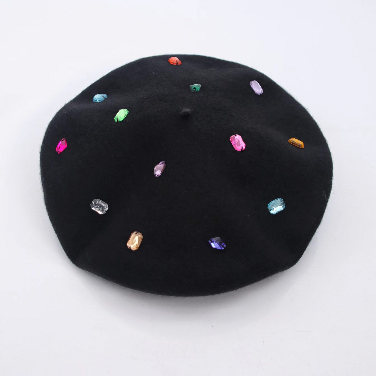 Retro Fashion Big Head Circumference Cloud Cap Color Rhinestone Wool Beret