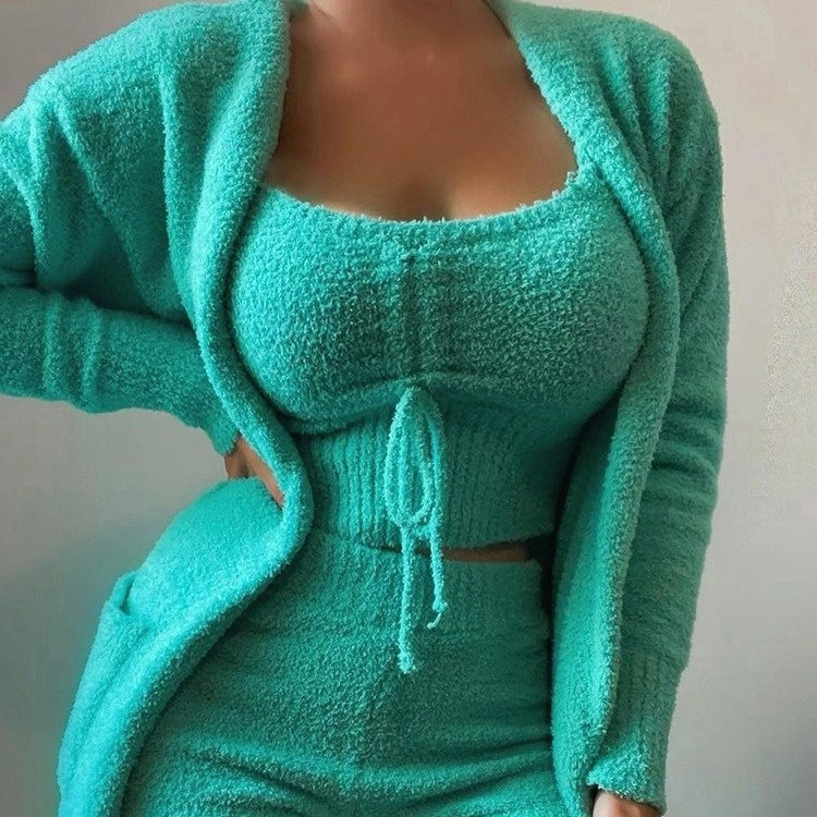 Womens Slimming Three-Piece Casual Solid-Color Long-Sleeve Set