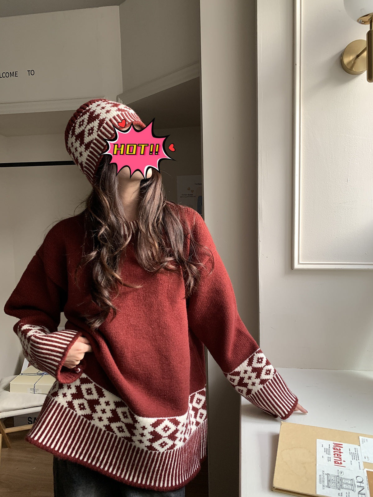 Women's Korean-style Loose Casual Round Neck Brocade Sweater