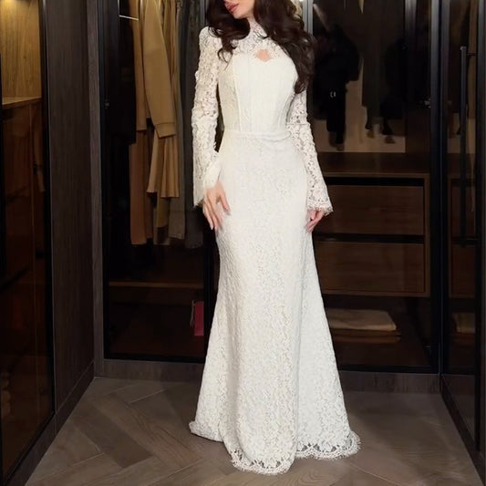 Womens Sexy Stand Collar Lace Hollow-Out Bodycon Dress