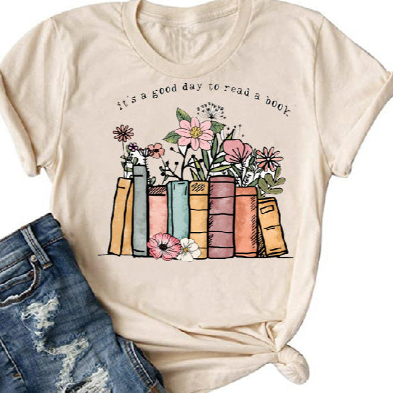 Bog Blomstret Trykt Farvet Bomulds T-shirt