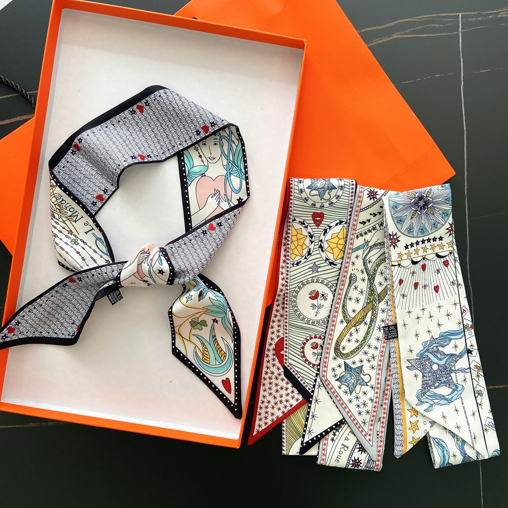Tarot Series Double Layer Duplex Printing Twill Silk Tied Bag Handle Scarves
