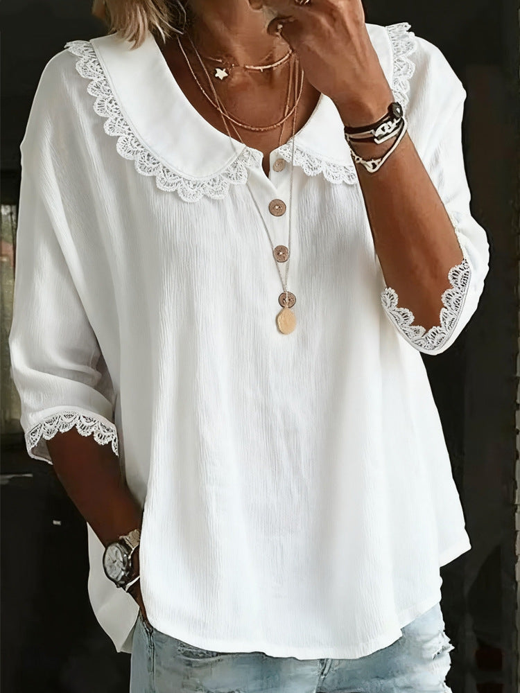 Fashionable Collar With Lace Trim, Solid-Color Button-Up Shirt