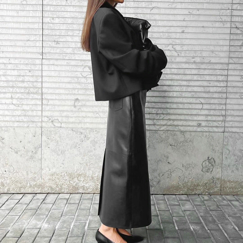 French Commuter Black PU Leather Skirt High-grade Split Straight Skirt