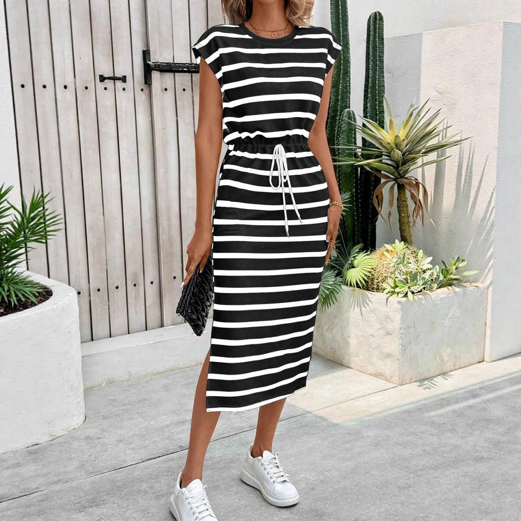 Womens Black And White Striped Split-Neck Casual Dress
