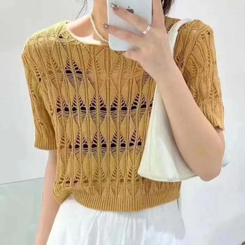 Hollow-out Ice Silk Sweater Short Sun-drying Shirt Top Short Sleeve