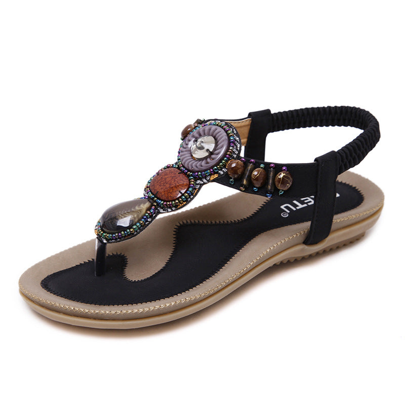 Ethnic Style Sandals Women Thailand Travel Beach Bohemian Retro Beaded Large Size Flat Shoes