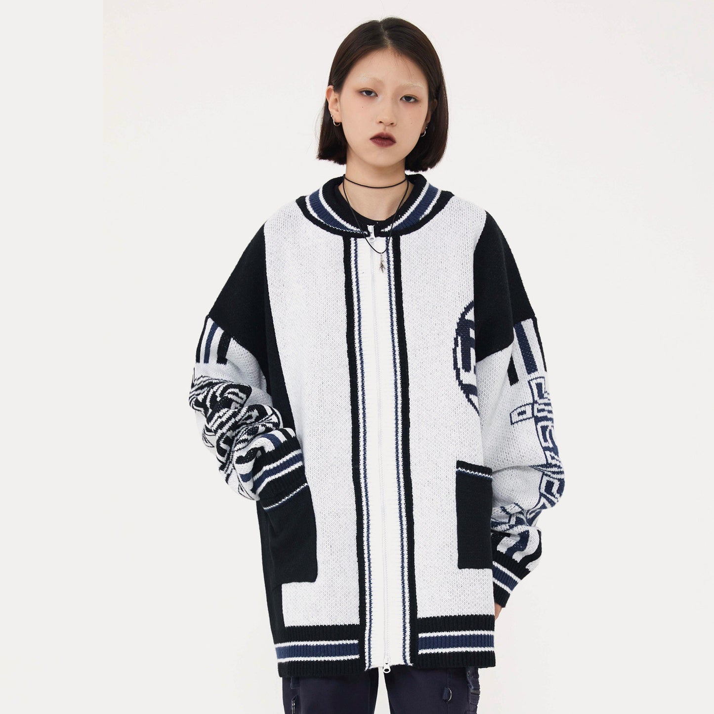 American College Style Ins Letters Loose Color Matching Sweater