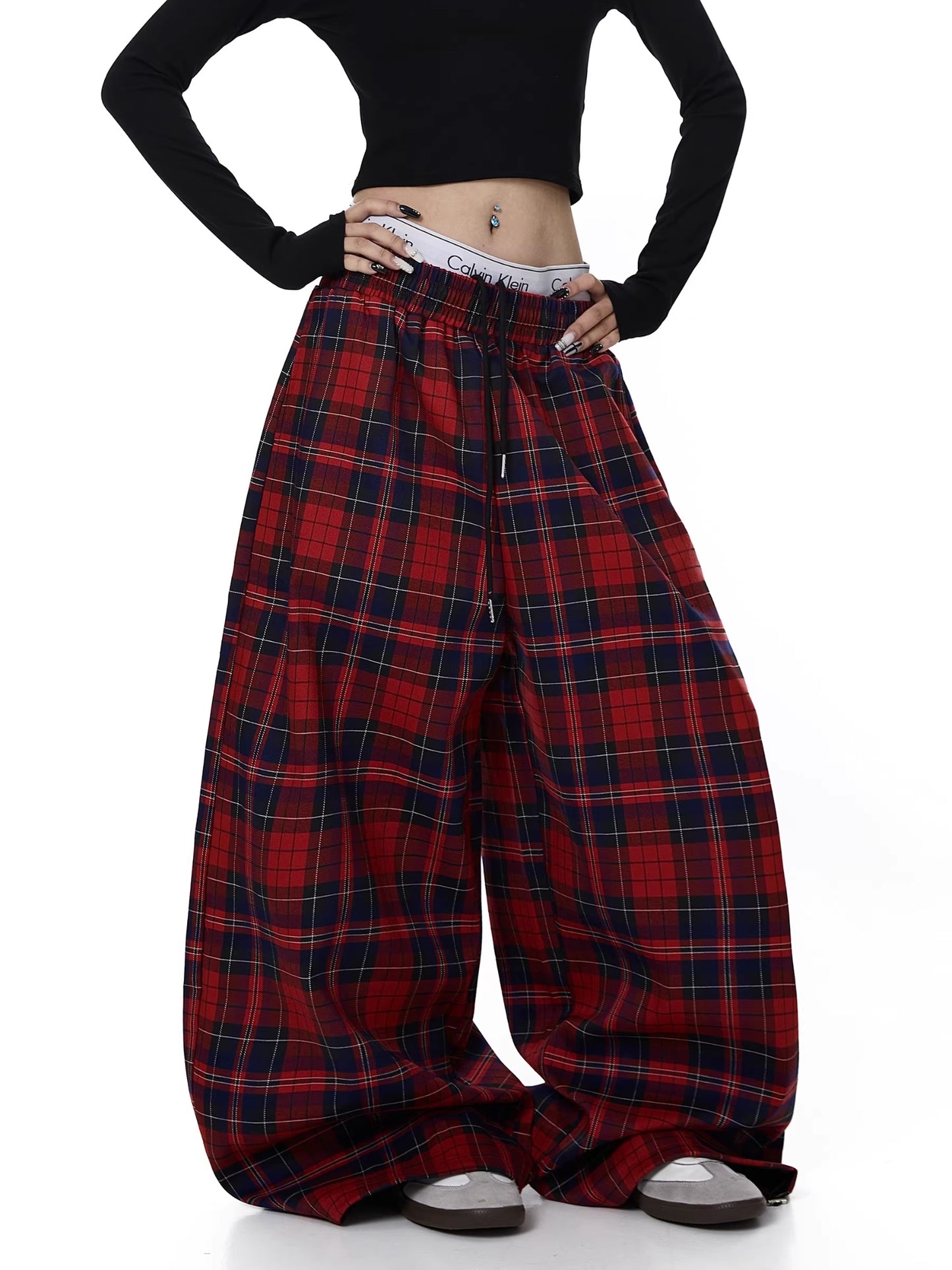 Womens Retro Effortless American-Style Drawstring Red Plaid Pants