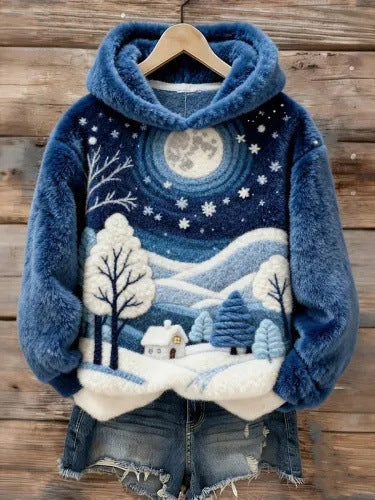 Womens Flannel Christmas Crew-Neck Long-Sleeve Top