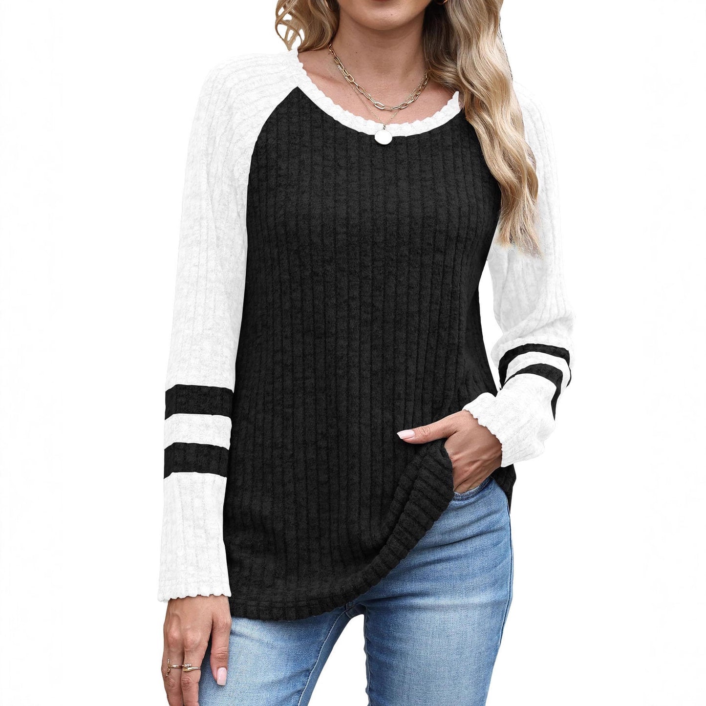 Europæisk og amerikansk mode langærmet sweater med kontrastfarve rund hals top