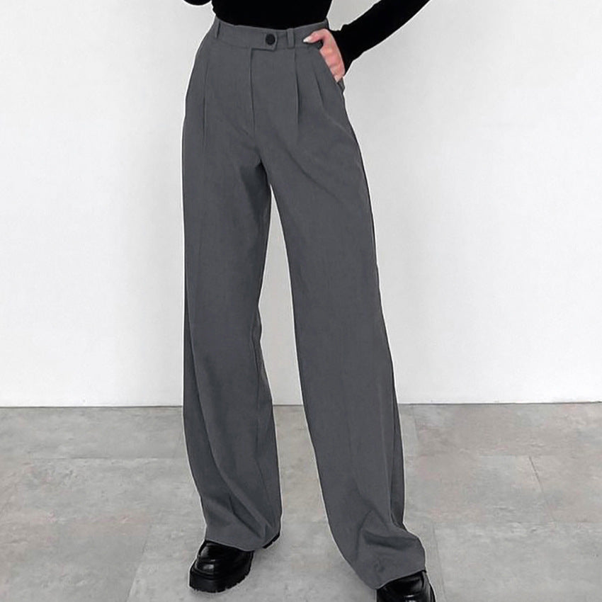 Gray High Waist Straight Commute Style Draped Trousers Pants