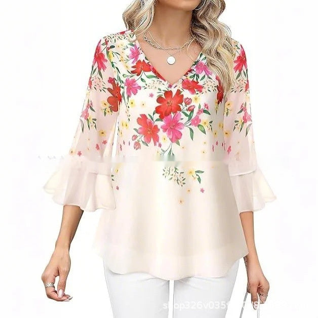Women's Fashion Casual Top Pleated 34 Sleeve V