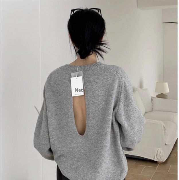 Scheming Hollow Backless Loose Round Neck Knitted Knitting Shirt
