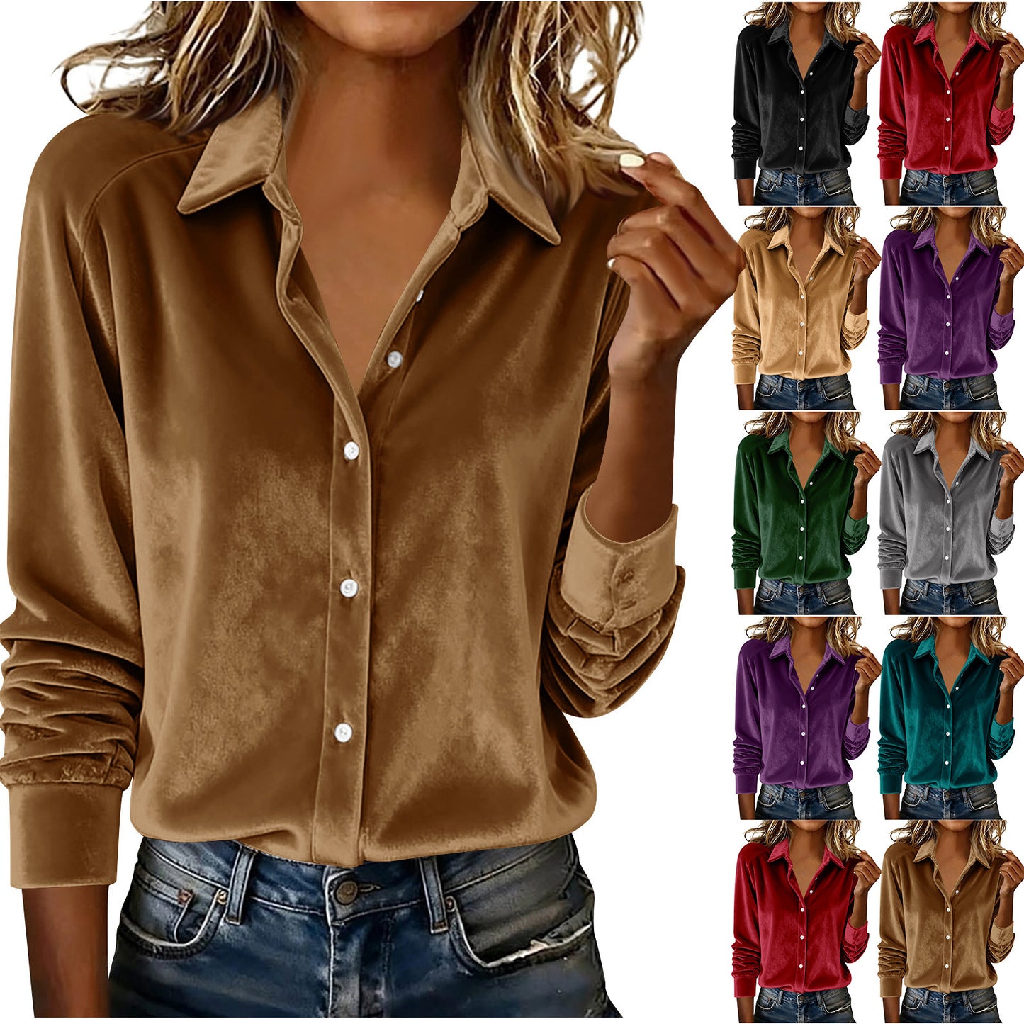 Versatile Solid-color Gold-velvet Shirt With A Lapel Collar