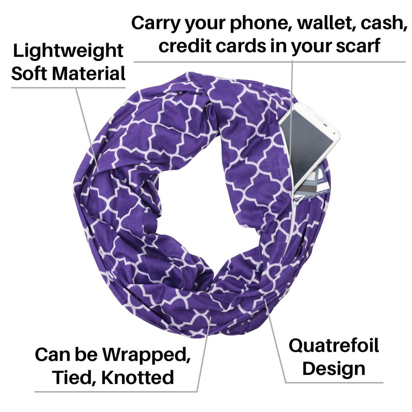 Knitted Infinite Zipper Pocket Scarf Four Petal Flower Print Bib