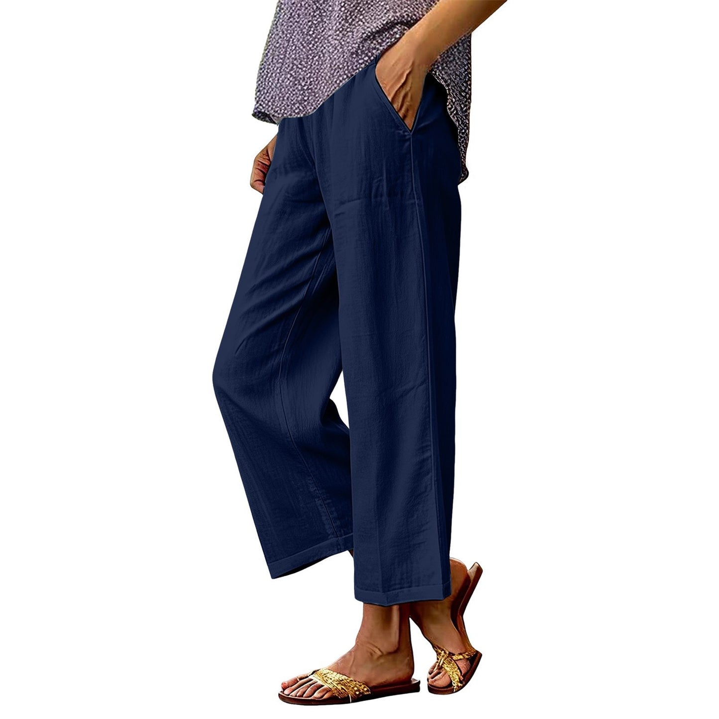 Womens Solid-Color Cotton-Linen Loose-Fit Wide-Leg Casual Pants