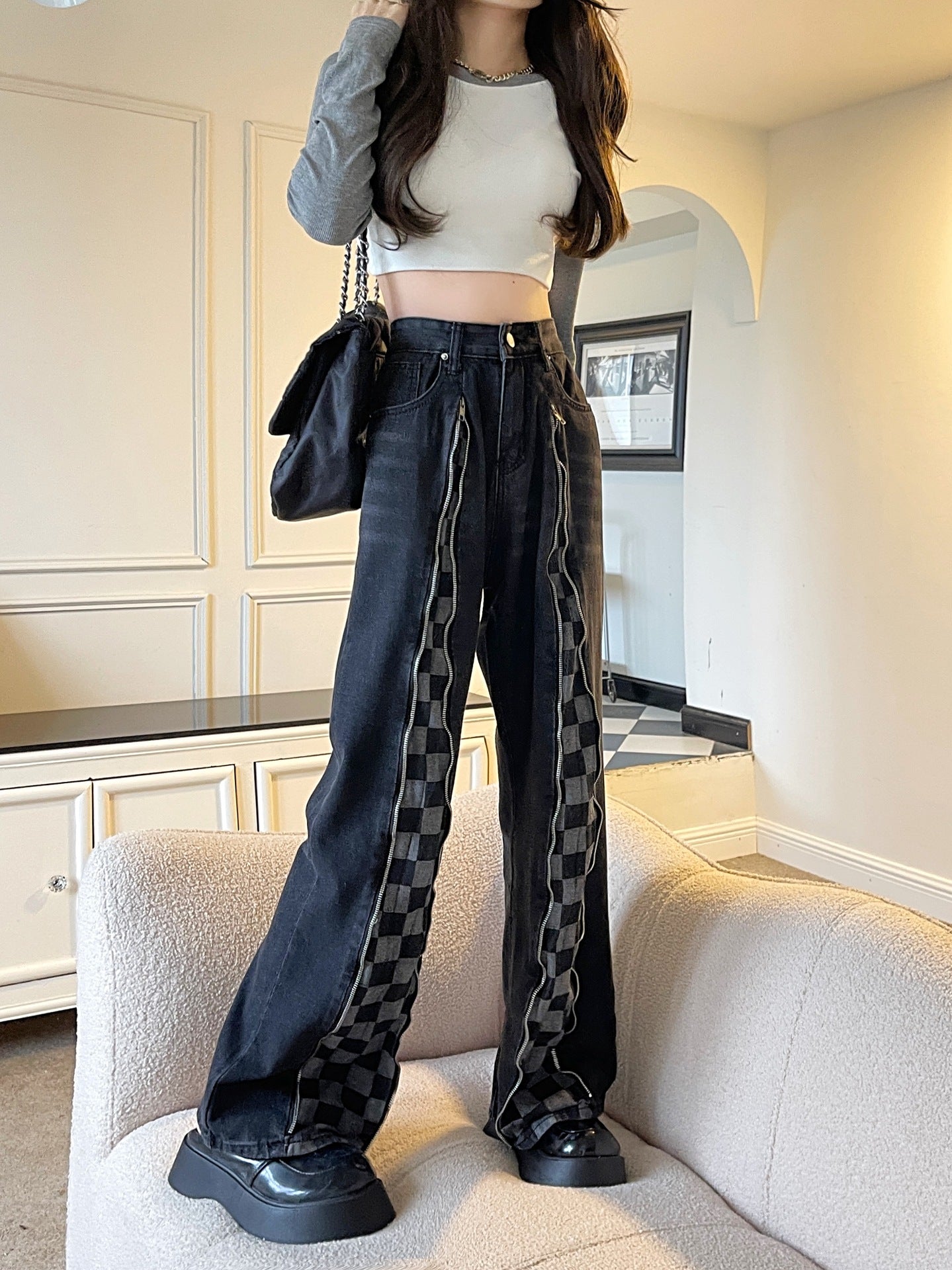 Retro Washed Zipper Chessboard Plaid Jeans Loose Hip Hop Casual Pants