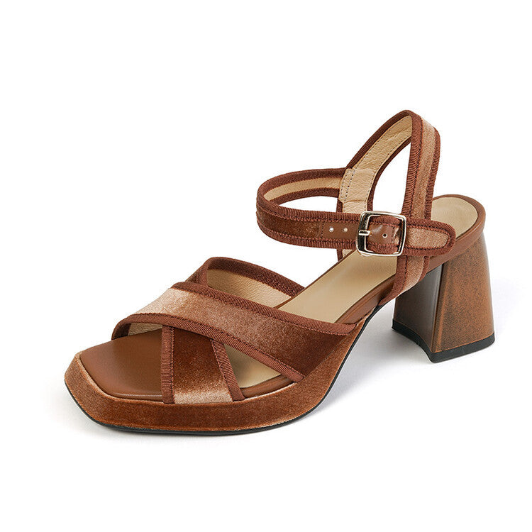 Gold Velvet Cross Strap Buckle Fish Mouth Sandals