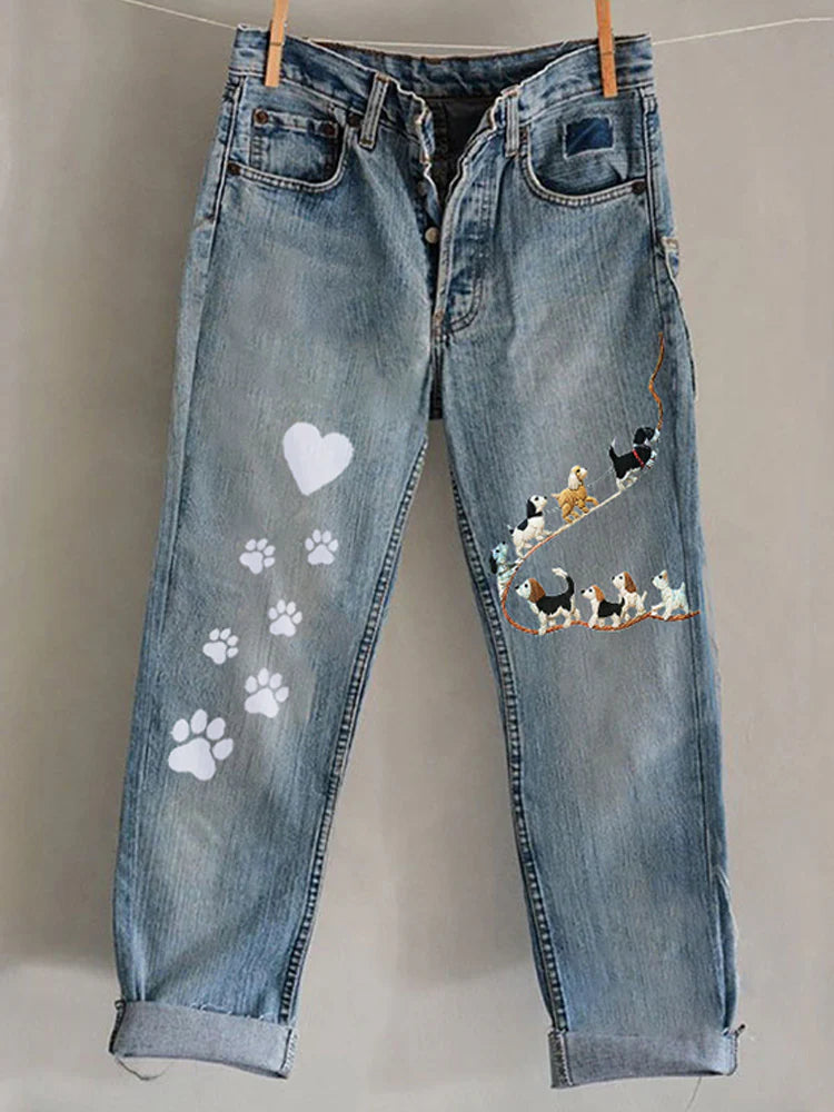 New 3D Heat-transfer Printed Flared Jeans-style Trousers In Faux Denim