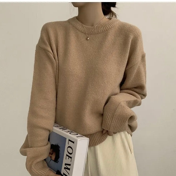 Red Sweater Round Neck Pullover Pure Color Minimal Versatile Sweater
