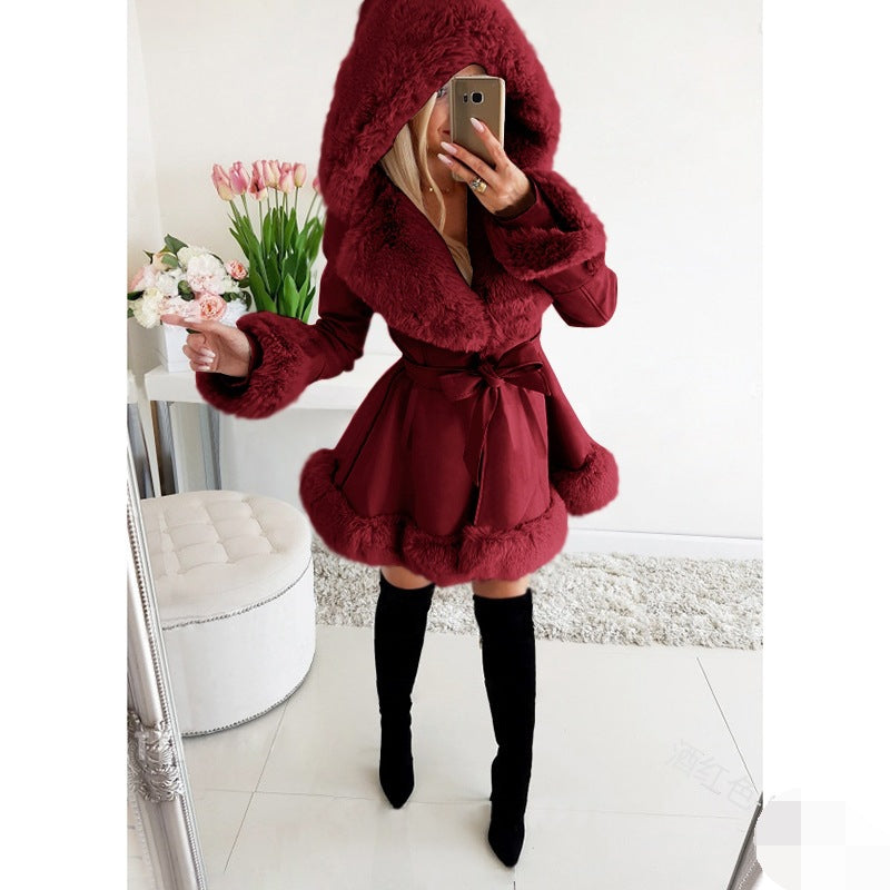 Women's Thermal Hooded Lapel Fur Splicing Coat