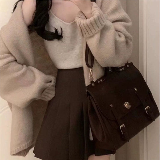 New Korean-style Versatile Strap Loose Cardigan Figure-flattering Pleated Skirt Three-piece Set