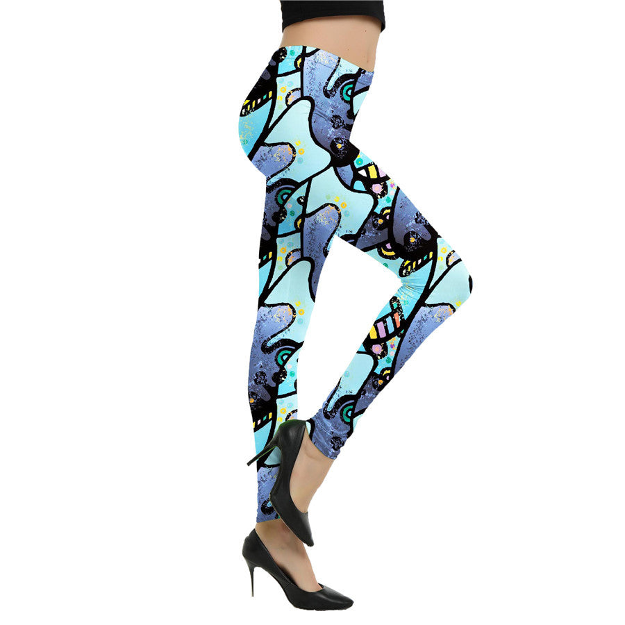 European And American Cartoon Abstract Graffiti Print Leggings Women