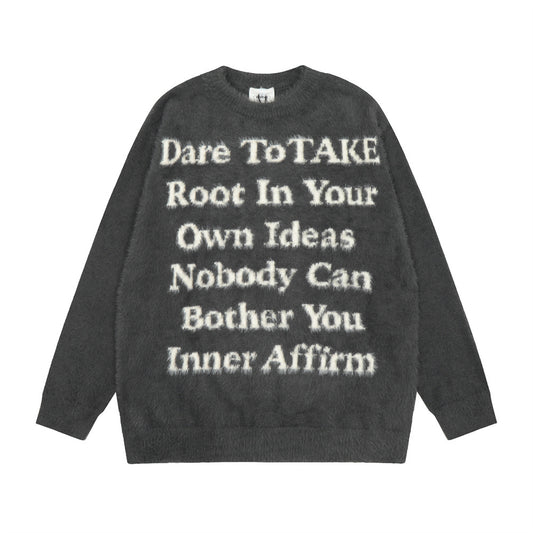 English Letter Crew Neck Velvet Padded Sweater
