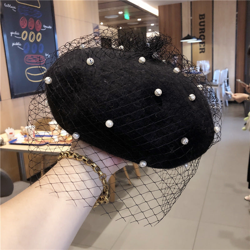 Woolen Pearl Mesh Beret Women's British Retro Hat