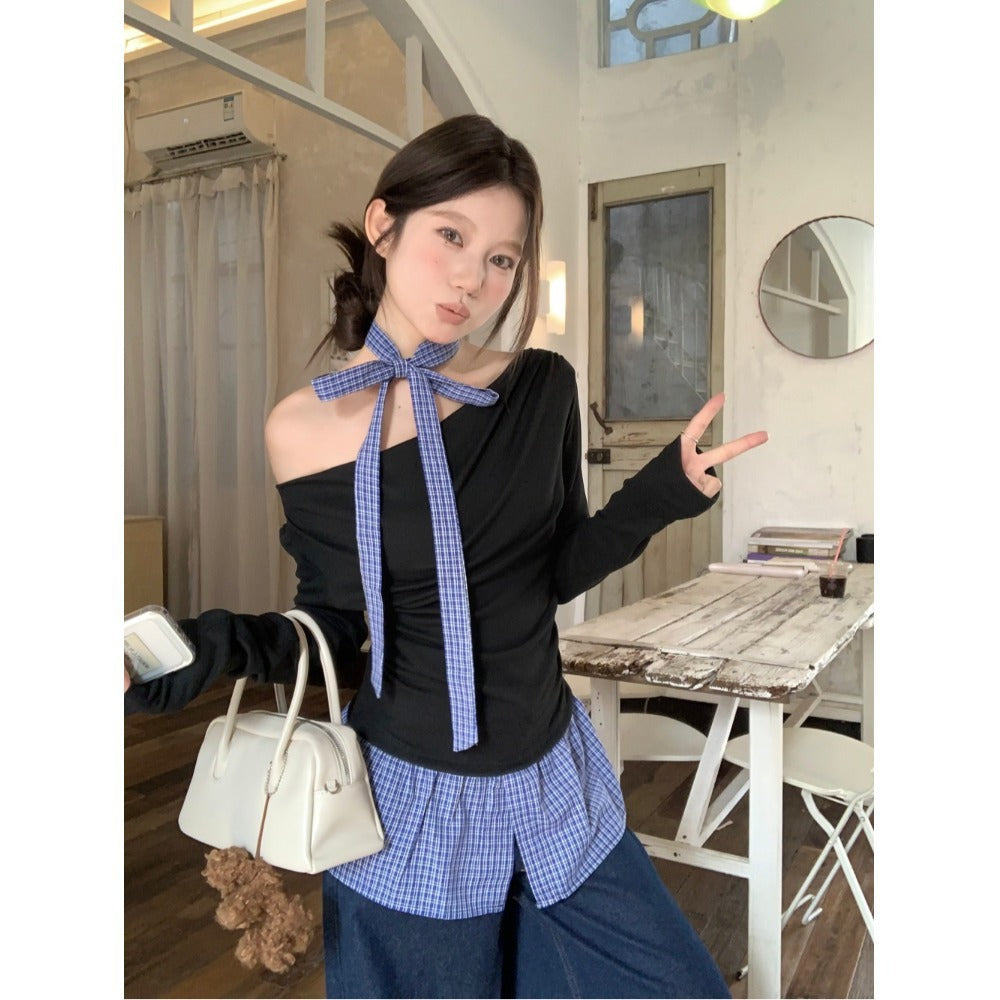 Women's Fake Two-piece Grid Off-shoulder T-shirt