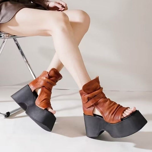 Womens Retro Platform Round-Toe Versatile High-Top Sandals