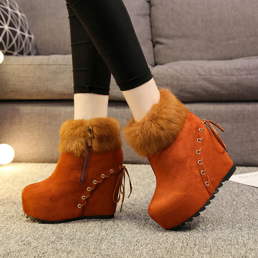 Real Rabbit Fur Inner Heightening Women's Wedge Heel Fashion Short Boots