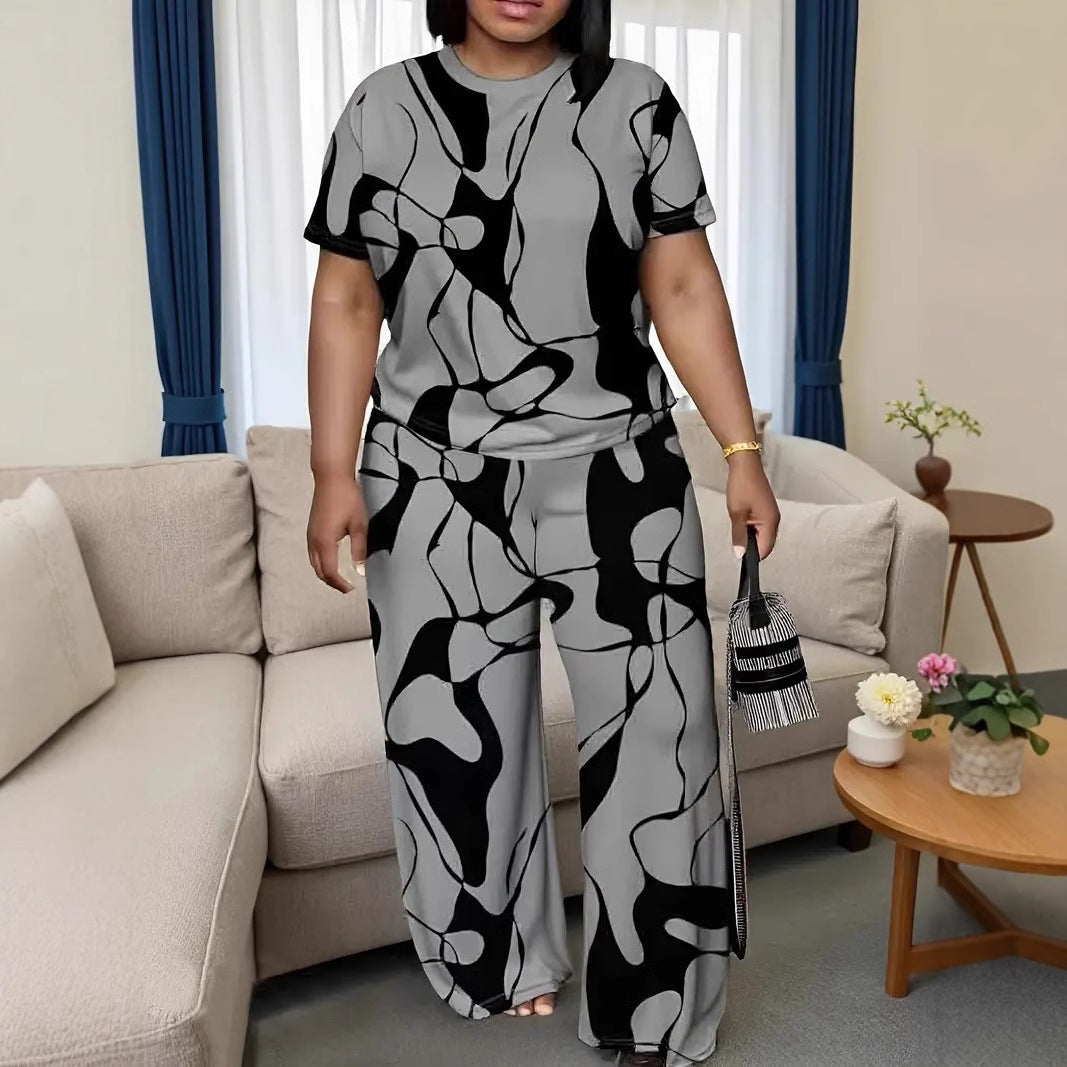 Plus-size Womens Black And Gray Printed Outfit Set