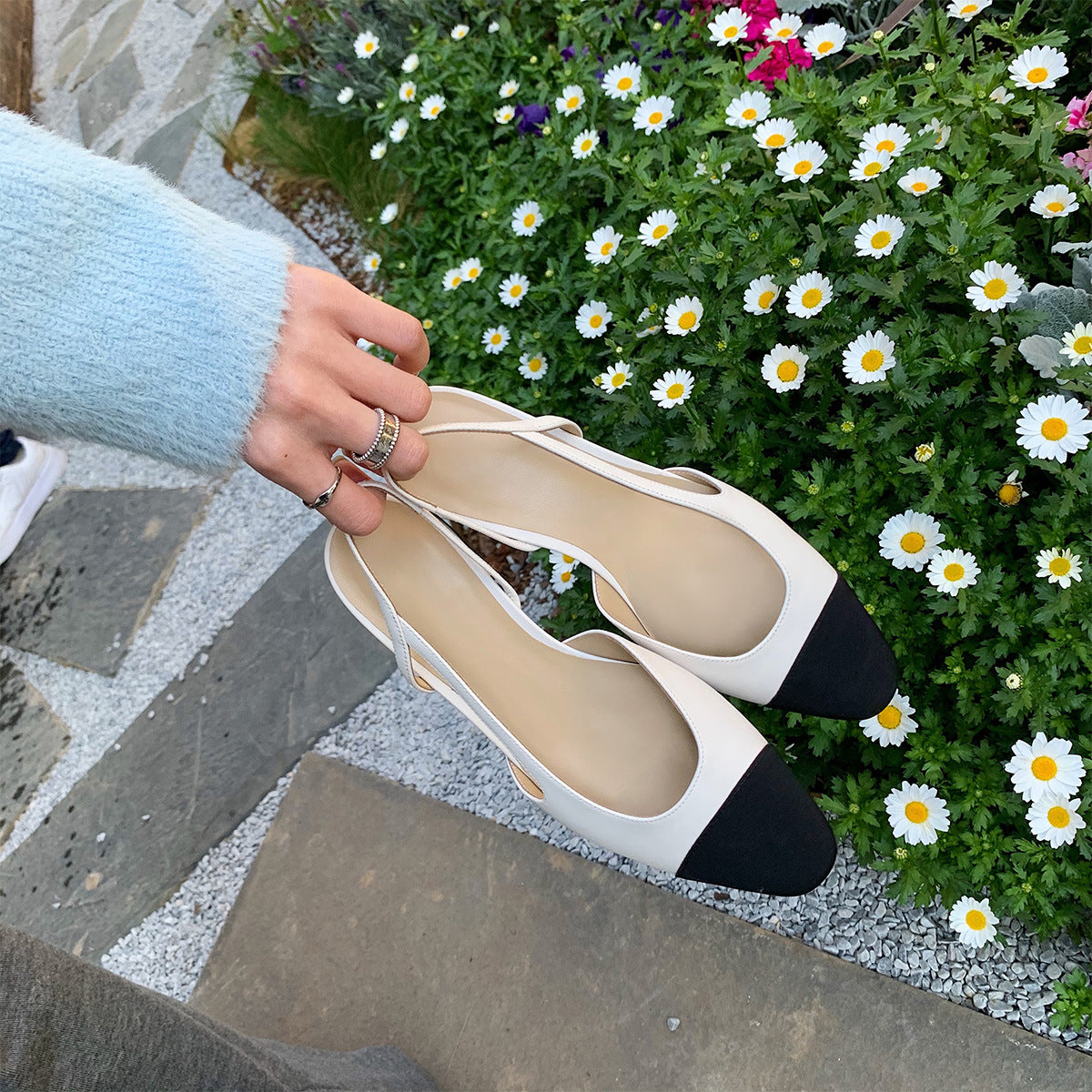 French Fairy Wind Small Round Head Low Heel Bao Head Back Empty Shoes