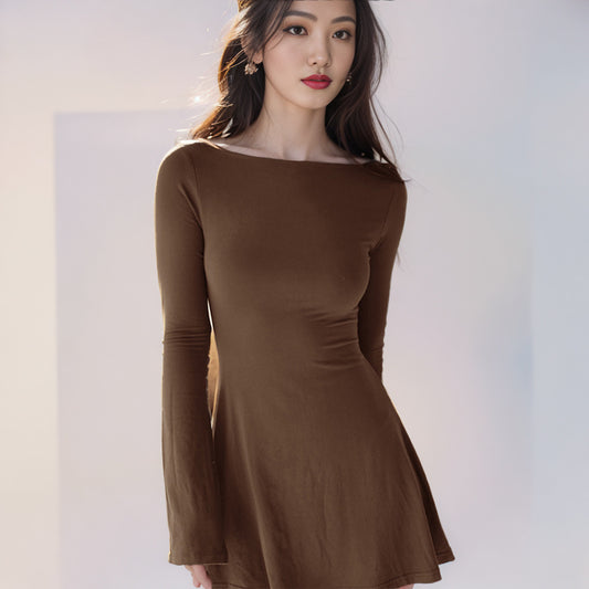 Solid-color Fashionable Crew-neck Long-sleeve Slim-fit Hip-hugging Mini Dress
