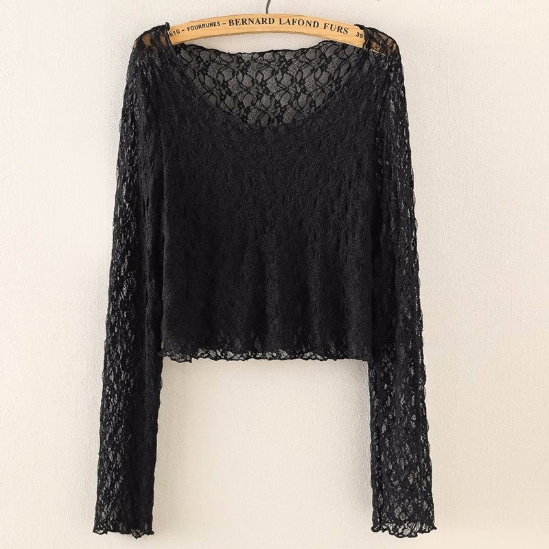 Big Neckline Long Sleeve Lace Stretch Slim Short Chic Crocheted Top