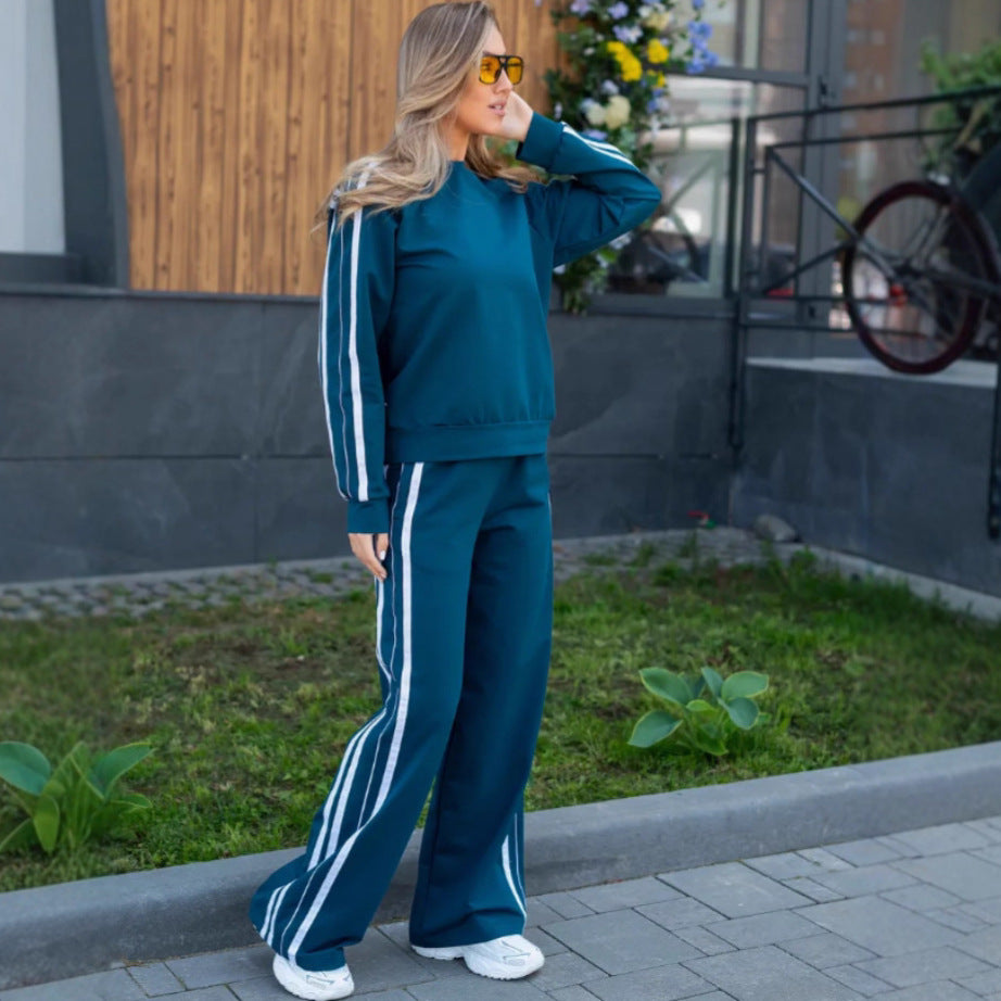 Womens Striped Loose-Fit Long-Sleeve Half-Zip Hoodie With Drawstring And Matching Sweatpants Set